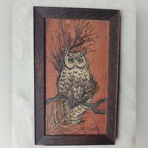 1970s Owl Mixed Media Collage Wood Framed 12x7" Artist Signed Feather Fabric